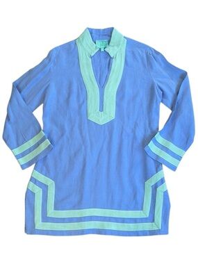 EUC Sail to Sable Linen Tunic Top Blue Mint Green Size Medium